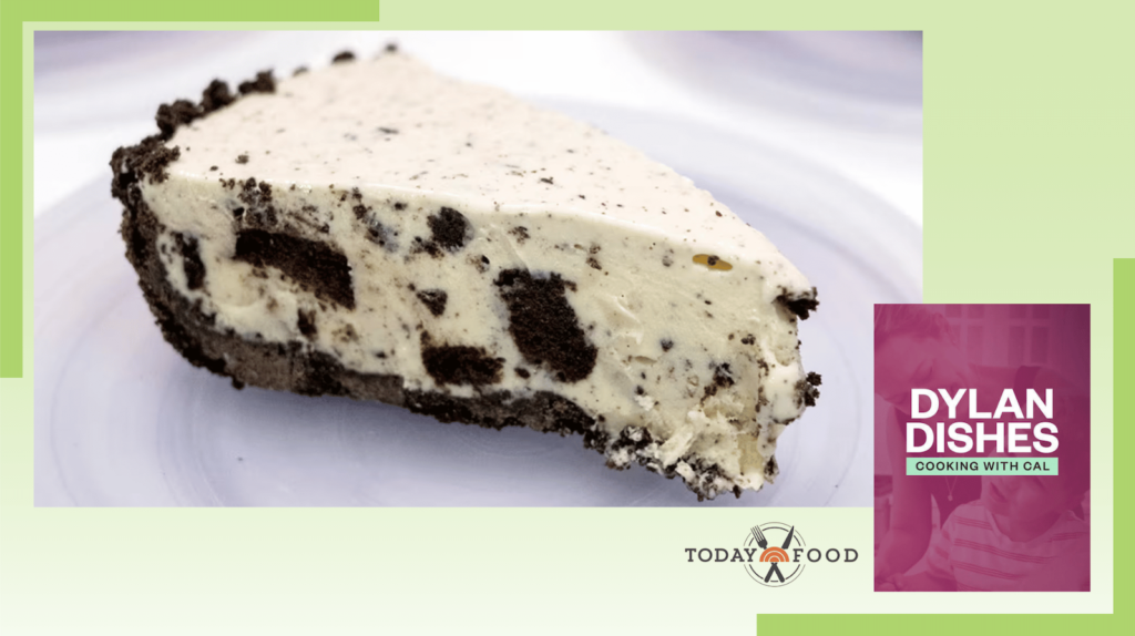 A close-up of a cookies and cream cheesecake slice on a white plate, with a chocolate cookie crust. The image includes the Dylan Dishes Cooking With Cal logo and the Today All Day Food logo on a green background.