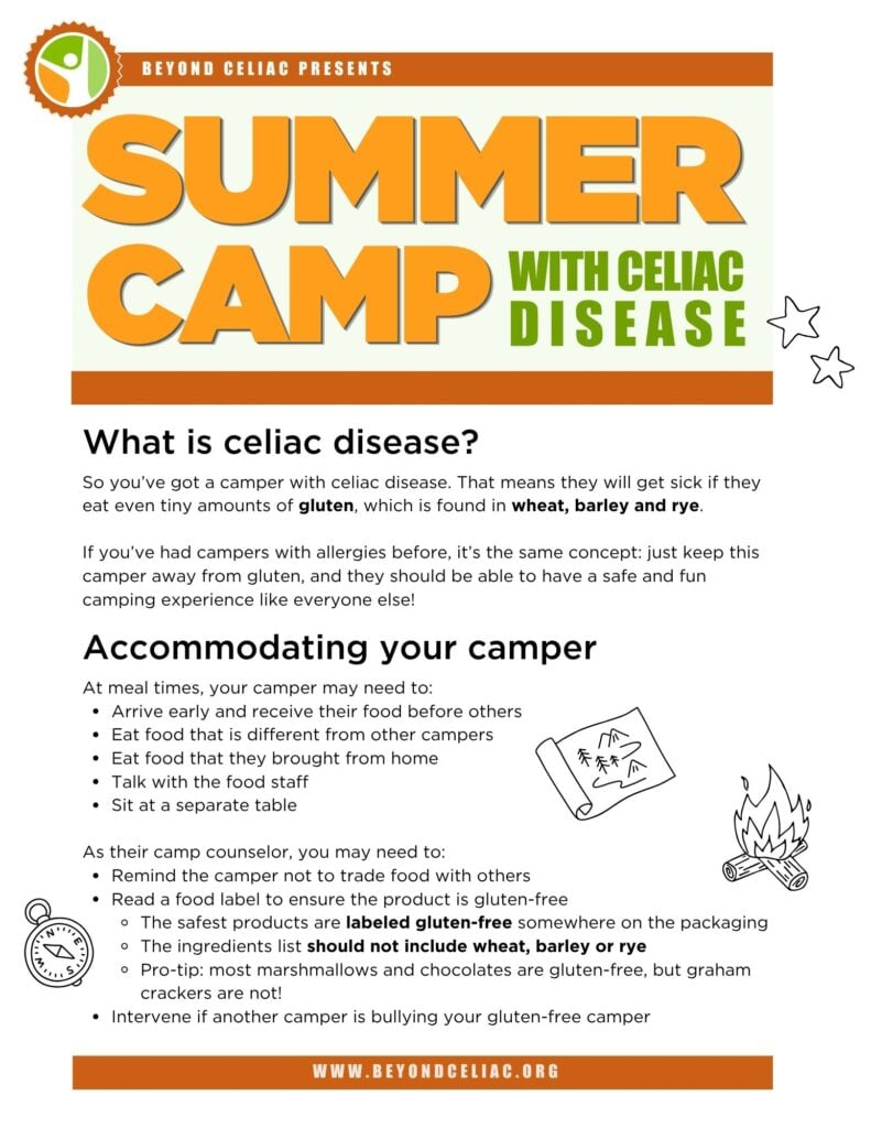 An informational flyer for Summer Camp with Celiac Disease by Beyond Celiac, explaining what celiac disease is, its relation to gluten, and providing tips for accommodating campers with the condition.