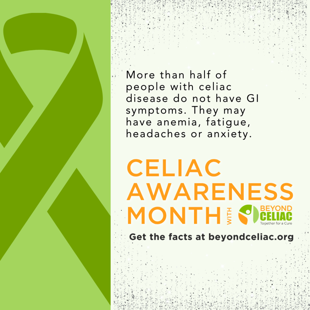 A green awareness ribbon on the left and text on the right about celiac disease symptoms and Celiac Awareness Month, with a link to beyondceliac.org for more information.