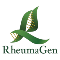 Logo for RheumaGen featuring two green, ribbon-like shapes arranged to resemble a double helix with yellow lines, symbolizing DNA, above the word RheumaGen in green text.