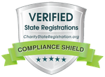 A silver shield badge with the text Verified State Registrations and CharityStateRegistration.org above a green ribbon that says Compliance Shield with five stars below.