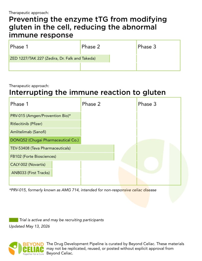 A chart lists therapeutic approaches to celiac disease: preventing tTG from modifying gluten (1 drug listed) and interrupting the immune reaction to gluten (7 drugs listed). A note says trials may be recruiting. Updated May 13, 2026.