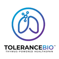 A circular logo features a stylized outline of lungs with connected dots. Below, the text reads TOLERANCEBIO and THYMUS-POWERED HEALTHSPAN in black and blue capital letters.
