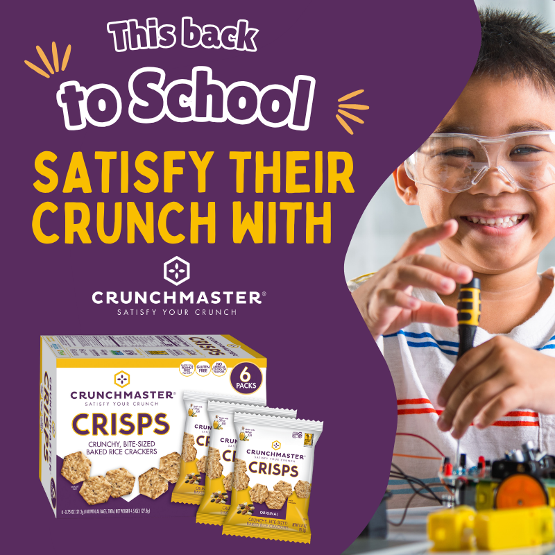 A smiling child works on an electronics project beside a box and packets of Crunchmaster Crisps. Text reads, This back to school satisfy their crunch with Crunchmaster..
