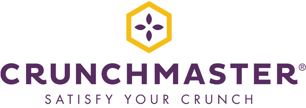 Crunchmaster logo with a yellow hexagon and purple diamond-shaped design above the brand name CRUNCHMASTER in bold purple letters. The tagline SATISFY YOUR CRUNCH appears below in smaller purple text.