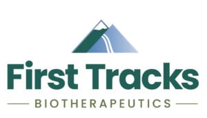 Logo for First Tracks Biotherapeutics. It features stylized green and blue mountains above the company name, with First Tracks in bold and Biotherapeutics in smaller, spaced-out capital letters below.