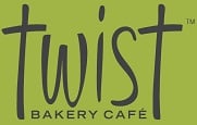 The image shows the logo for Twist Bakery Café. The word twist is written in large, casual black letters, with Bakery Café in smaller all-capital letters below, all on a green background.
