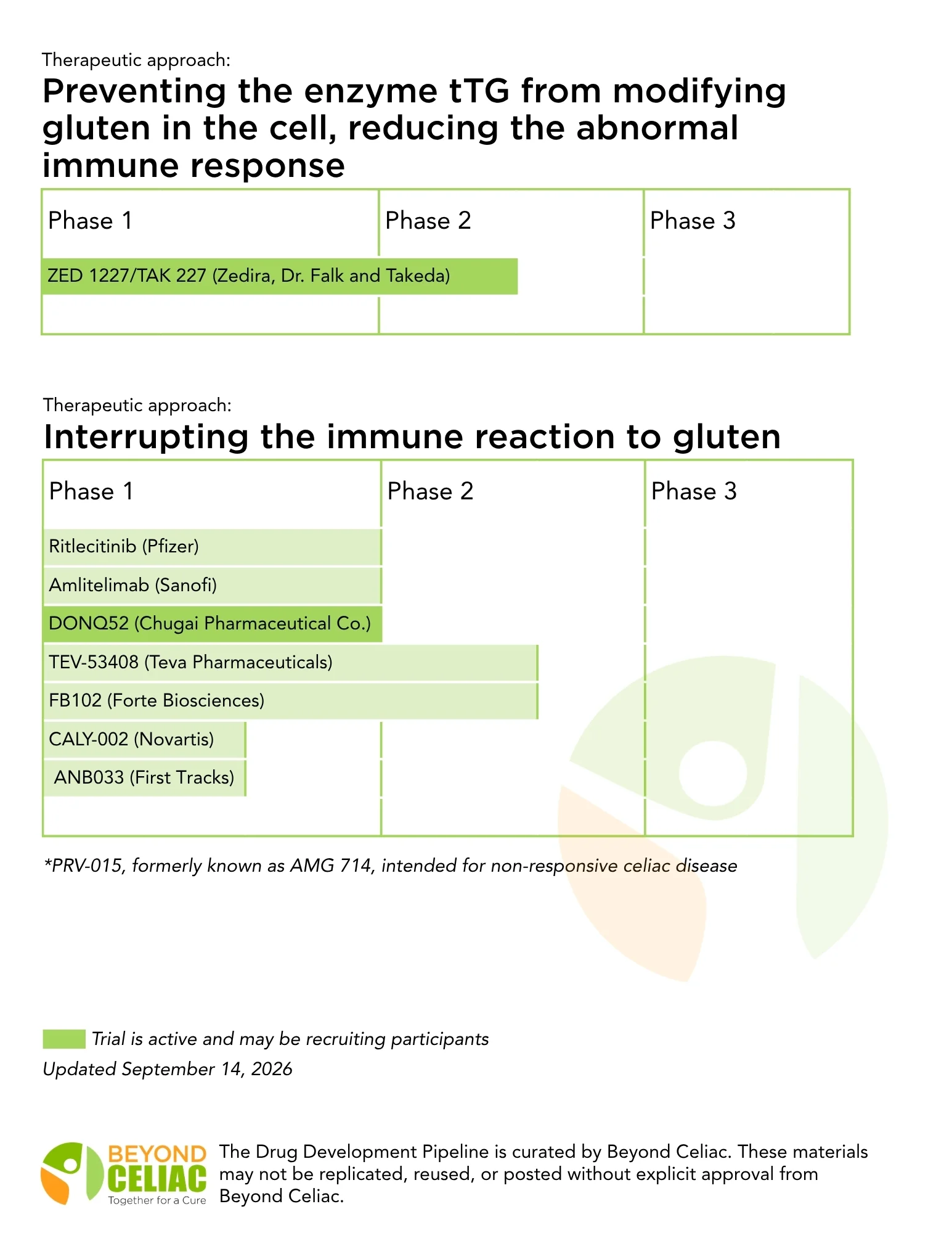 A chart titled The Drug Development Pipeline lists drugs in clinical phases for celiac disease, organized by mechanism: preventing tTG modifying gluten and interrupting the immune reaction. Updated September 14, 2026.