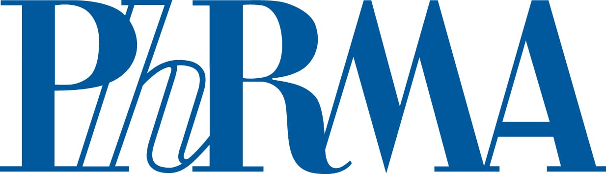 The image shows the PhRMA logo in blue capital letters with a stylized design. The letters Ph, R, M, and A are large, with the h in lowercase and italicized.