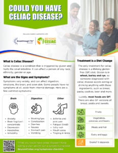Informational poster about celiac disease, describing its symptoms in the brain, digestion, and other areas, and outlining that a gluten-free diet is the only treatment. Contains organization logos and a website link for more information.