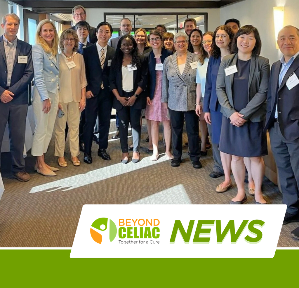 A diverse group of people in business attire stand in a conference room, smiling at the camera. The Beyond Celiac NEWS logo with green and orange text is overlaid at the bottom of the image.