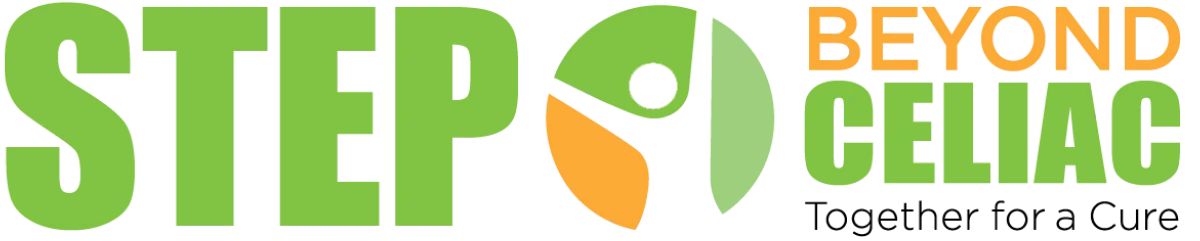 The image shows the words STEP BEYOND CELIAC Together for a Cure in green and orange text with a circular logo between STEP and BEYOND..