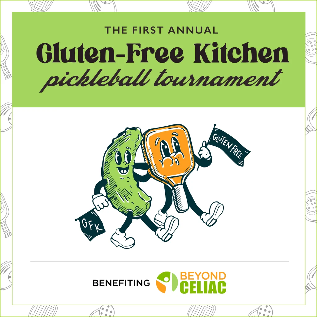 Cartoon pickle and spatula holding GFK and Gluten Free signs, promoting the first annual Gluten-Free Kitchen pickleball tournament benefiting Beyond Celiac. Text is set on a white and green background.