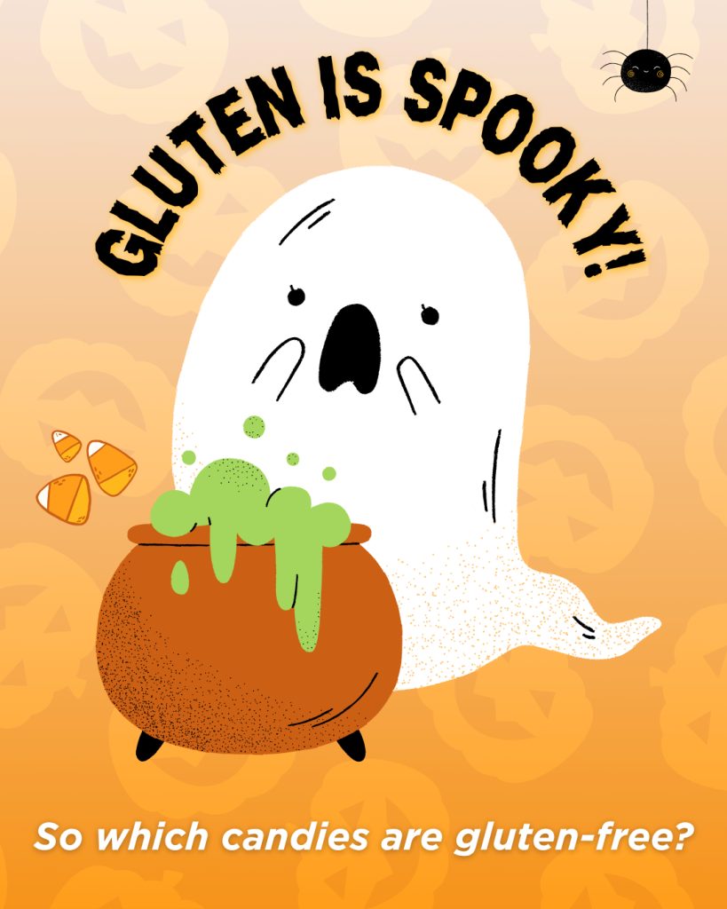A cartoon ghost holds a bubbling cauldron, with two pieces of candy corn nearby. Text reads GLUTEN IS SPOOKY!! at the top and So which candies are gluten-free? at the bottom. A small spider hangs in the corner.