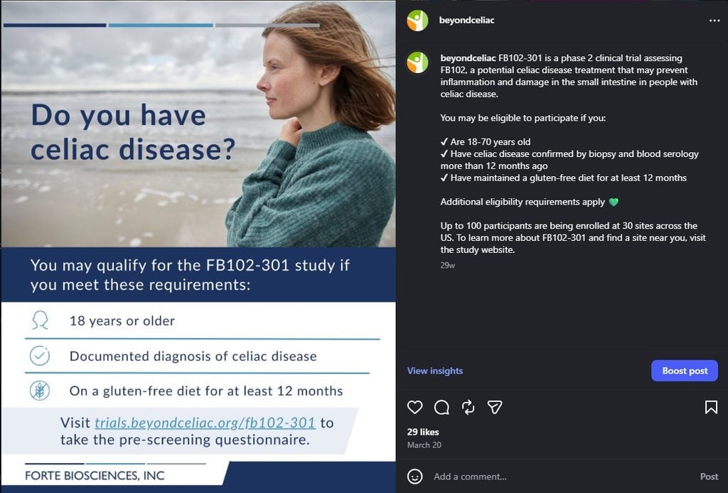 A clinical trial recruitment flyer for the FB102-301 study for people with celiac disease, listing eligibility requirements and a link to a pre-screening questionnaire.